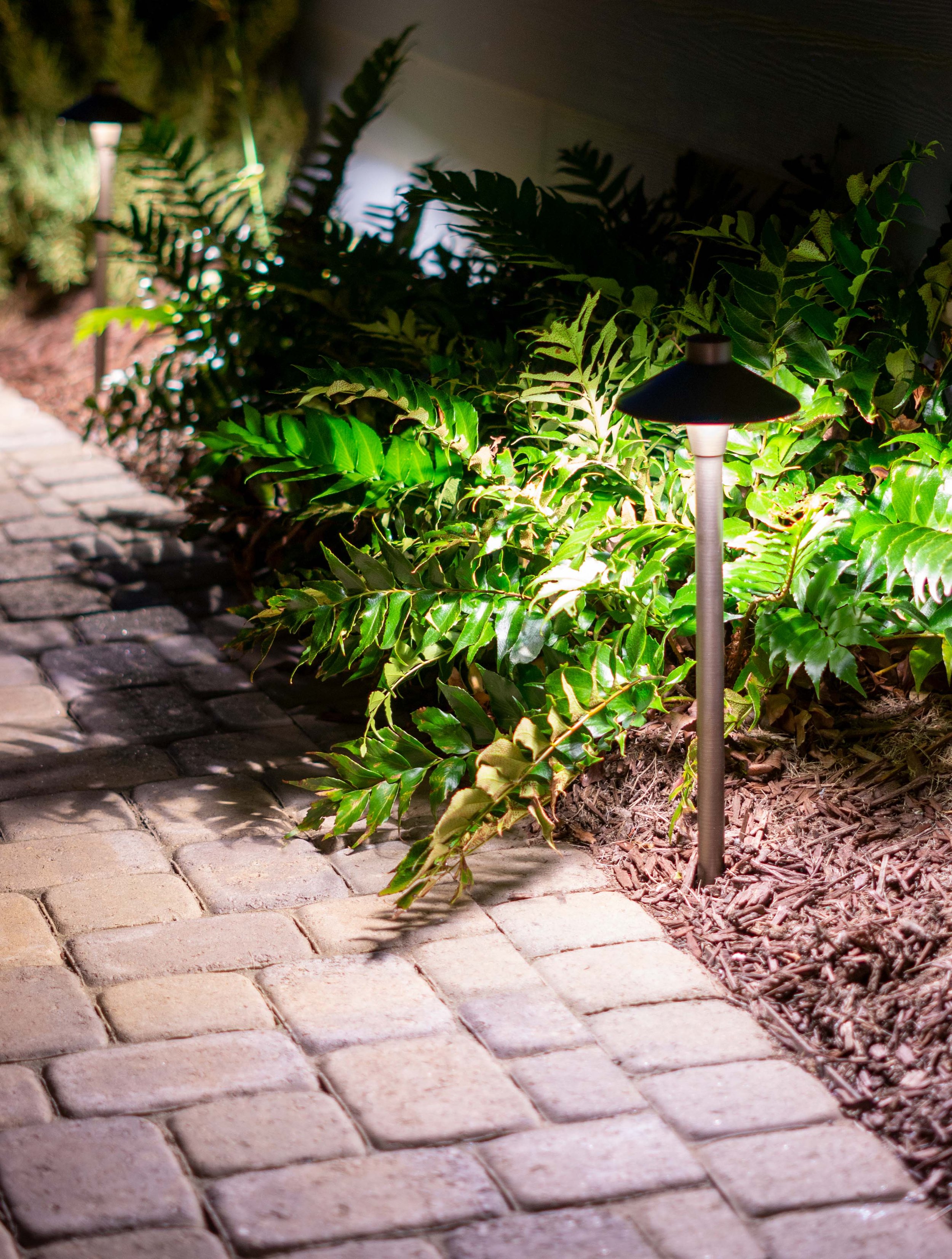 Two traditional path lights illuminate a stamped concrete path alongside a landscaping bed with ferns surrounded by mulch.