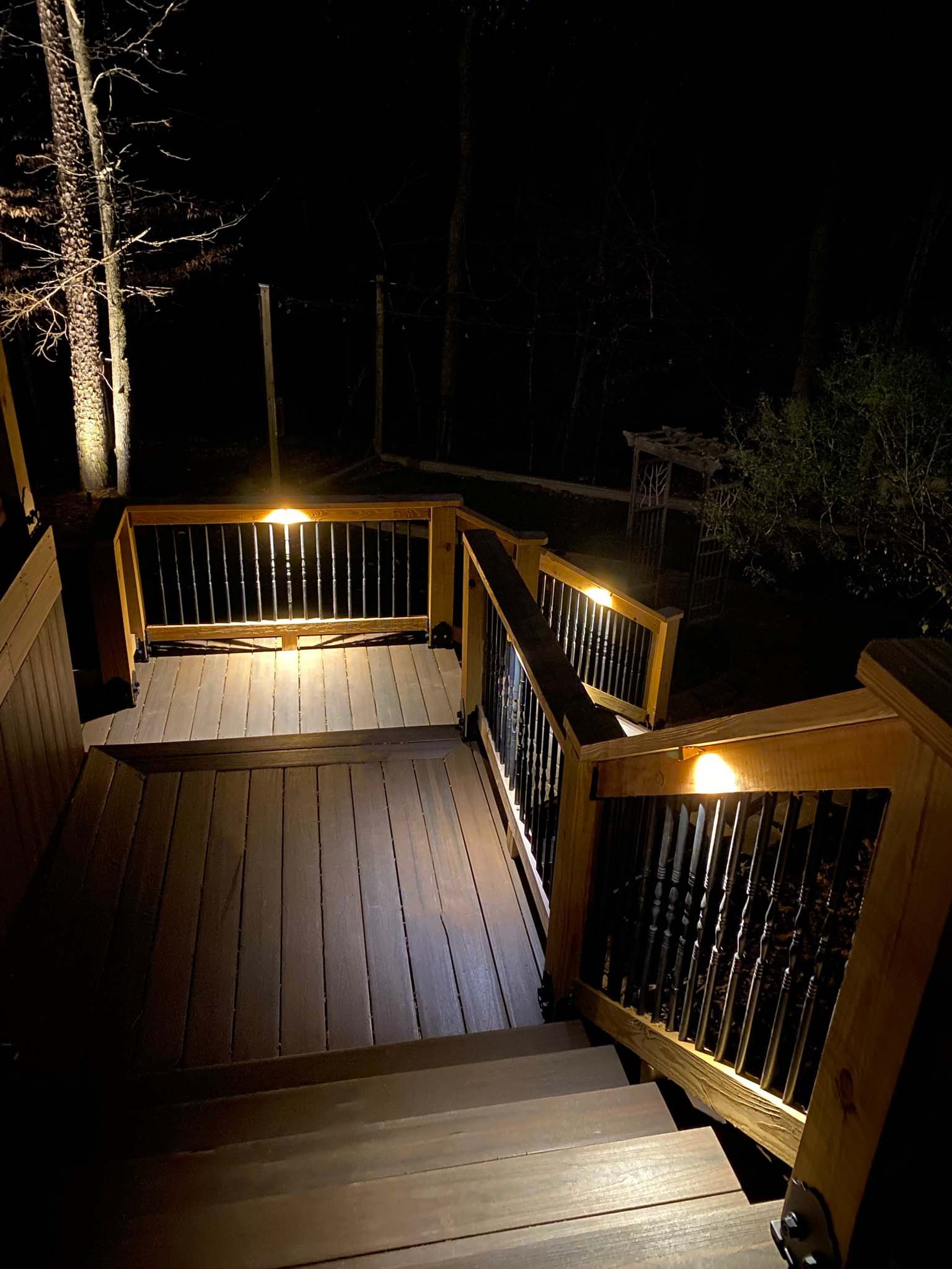 Deck lighting illuminates a series of wooden steps and platforms. Lights are mounted under the railings. Trees with landscape lighting can be seen in the background.