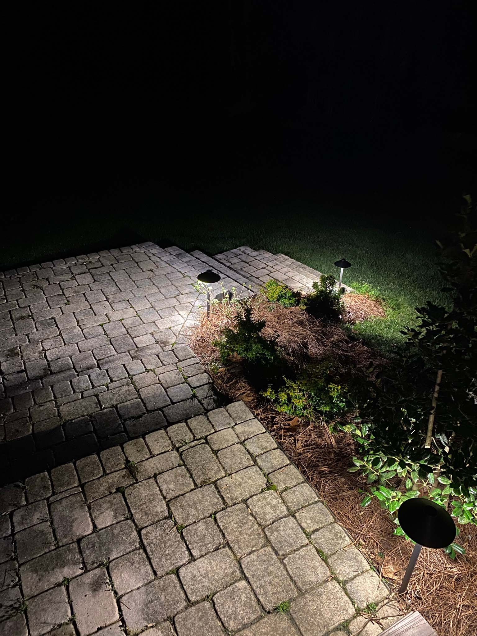 Areal view of path lights illuminating paver steps leading to a grassy backyard. Steps are surrounded by landscaping illuminated by the path lights.