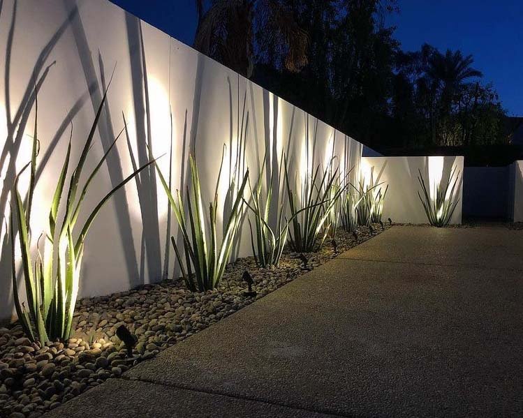Decorative landscape lighting positioned in front of spike plants lining a white wall. The landscape lighting placement casts artful shadows along the entirety of the wall. 